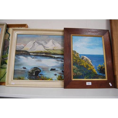 130 - Modern oil on board of a seascape, signed indistinctly, and another oil on board depicting a mountai... 