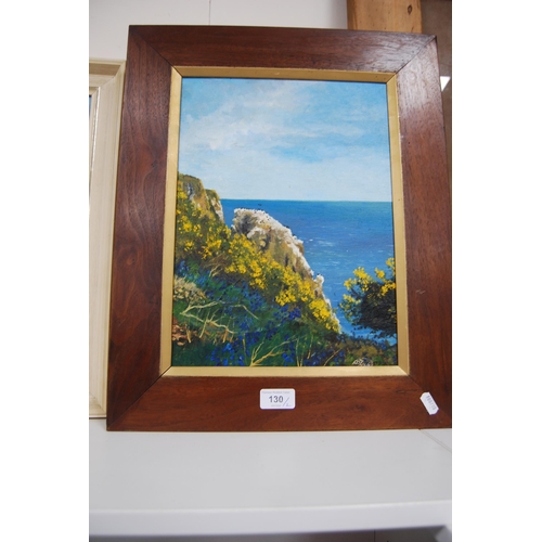 130 - Modern oil on board of a seascape, signed indistinctly, and another oil on board depicting a mountai... 