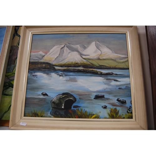 130 - Modern oil on board of a seascape, signed indistinctly, and another oil on board depicting a mountai... 