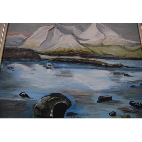 130 - Modern oil on board of a seascape, signed indistinctly, and another oil on board depicting a mountai... 