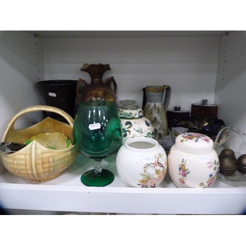 142 - Bric-a-brac to include glass vases, hip flasks, Carlton Ware, harmonicas, ginger jars, oriental wood... 