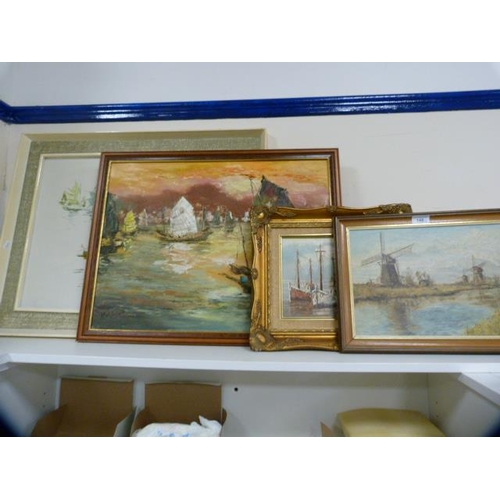 148 - Contemporary oils to include windmills, fishing boat and another.  (4)