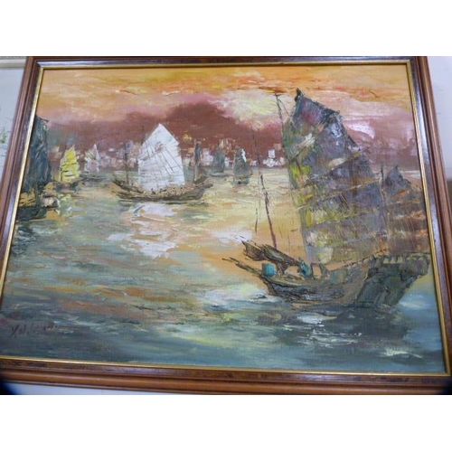 148 - Contemporary oils to include windmills, fishing boat and another.  (4)