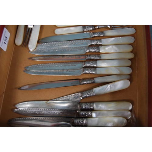 178 - Set of twelve loose fruit knives and forks with mother of pearl handles.