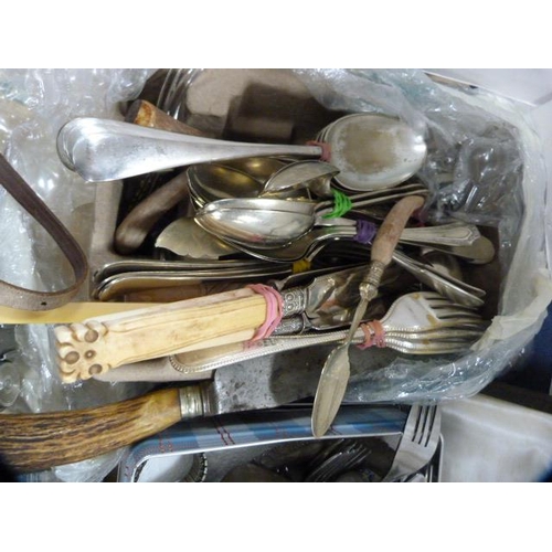 21 - Tins containing pair of boxed silver napkin rings, miscellaneous EP and plated flatware, goblets, al... 