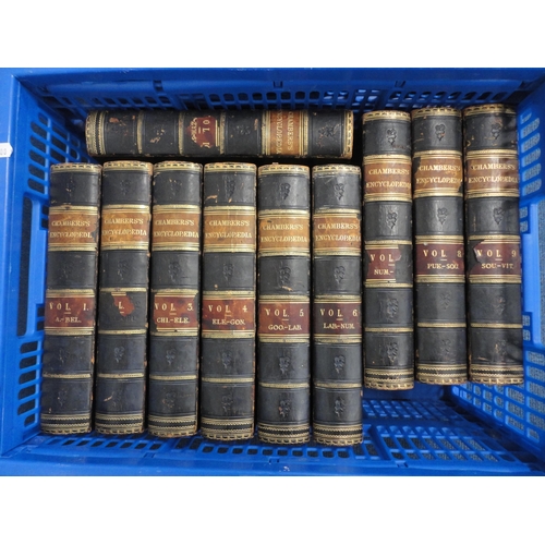 211 - Two cartons containing volumes 1-10 of Chambers's Encyclopaedia in leather half calf, dated 1874, an... 