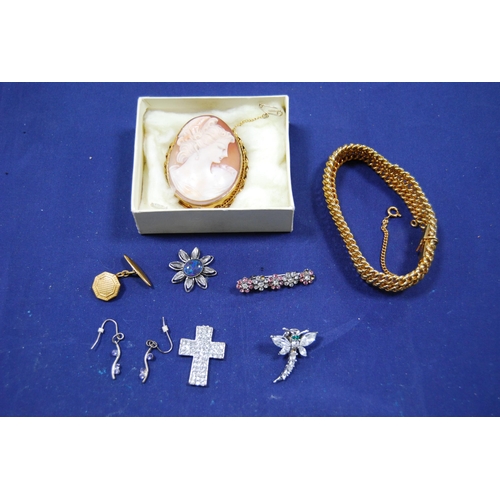 243 - Cameo brooch, costume bracelet and other costume jewellery.