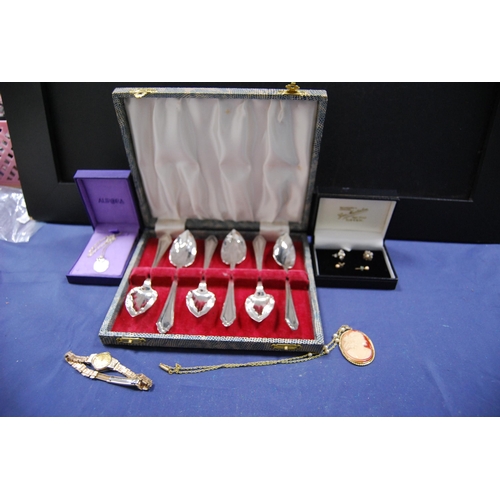 245 - Set of six EP grapefruit spoons, cased, cameo pendant, Rotary lady's wristwatch, Queen Victoria silv... 