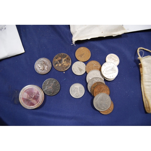 246 - Painted tin containing a quantity of coinage to include George V copper coins, Festival of Britain c... 