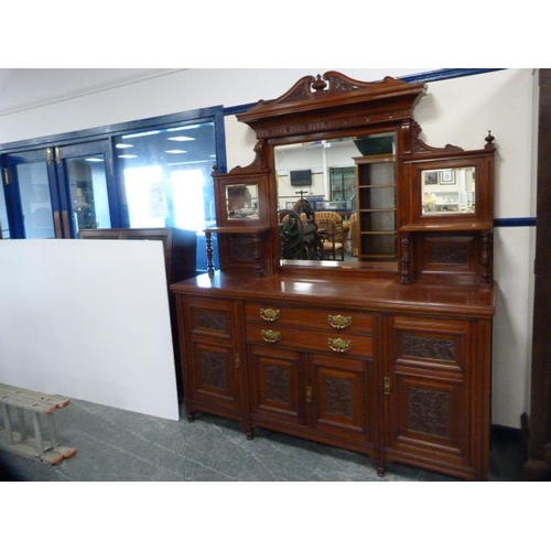 269 - Edwardian mahogany mirror-back sideboard, the carved mirror back on balustrade columns above a sideb... 