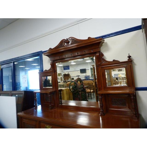 269 - Edwardian mahogany mirror-back sideboard, the carved mirror back on balustrade columns above a sideb... 