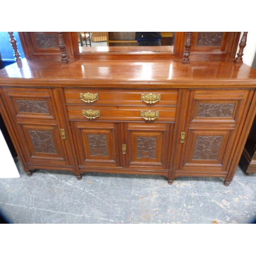 269 - Edwardian mahogany mirror-back sideboard, the carved mirror back on balustrade columns above a sideb... 