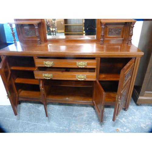 269 - Edwardian mahogany mirror-back sideboard, the carved mirror back on balustrade columns above a sideb... 