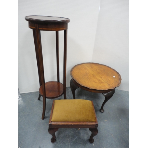 279 - Inlaid mahogany plant stand, piecrust-edge coffee table and a stool.  (3)