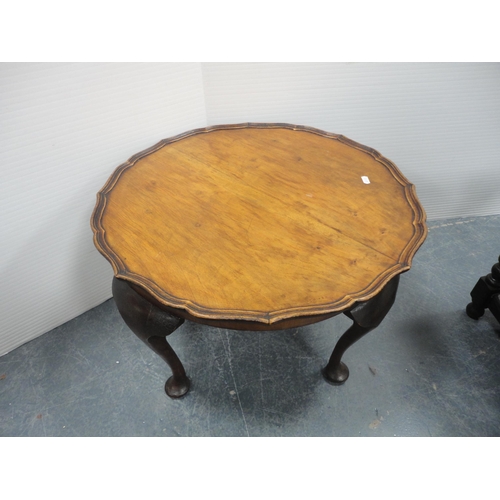 279 - Inlaid mahogany plant stand, piecrust-edge coffee table and a stool.  (3)