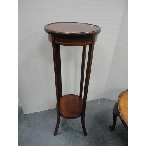 279 - Inlaid mahogany plant stand, piecrust-edge coffee table and a stool.  (3)