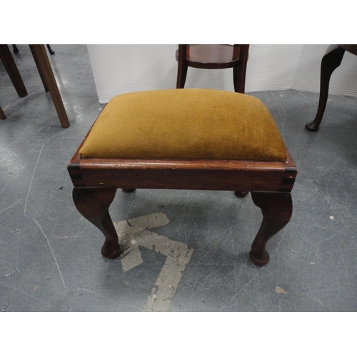 279 - Inlaid mahogany plant stand, piecrust-edge coffee table and a stool.  (3)