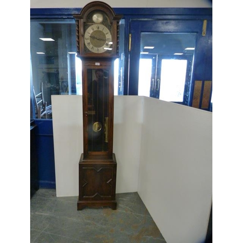 293 - Enfield Tempus Fugit oak grandmother clock with weights.