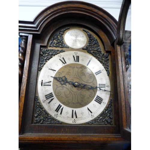 293 - Enfield Tempus Fugit oak grandmother clock with weights.