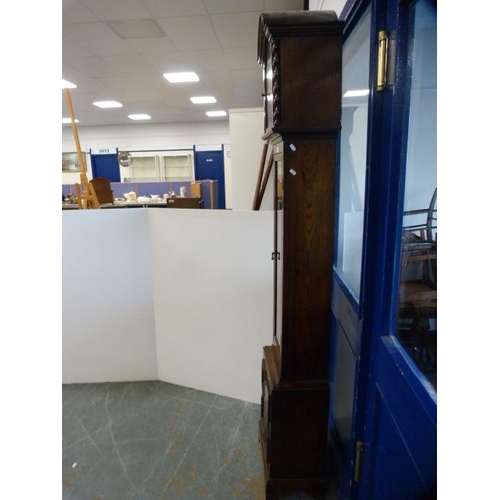 293 - Enfield Tempus Fugit oak grandmother clock with weights.