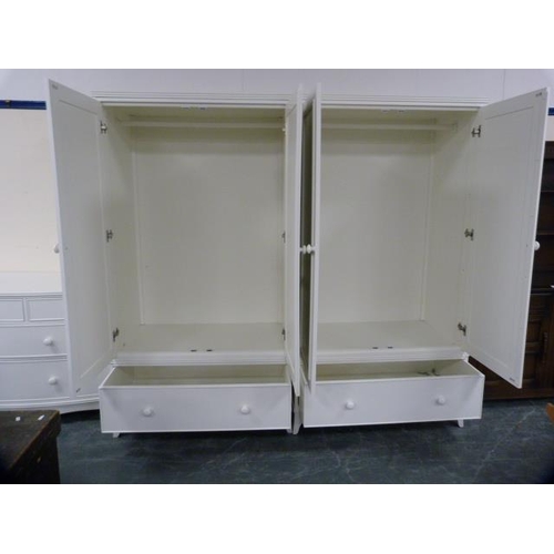 296 - Laura Ashley white painted three piece bedroom suite comprising a pair of two-door wardrobes, each w... 