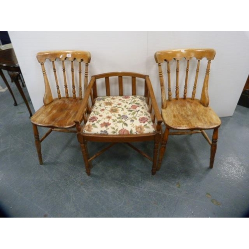 303 - Pair of antique farmhouse spindle-back chairs and another chair on X-form supports.  (3)