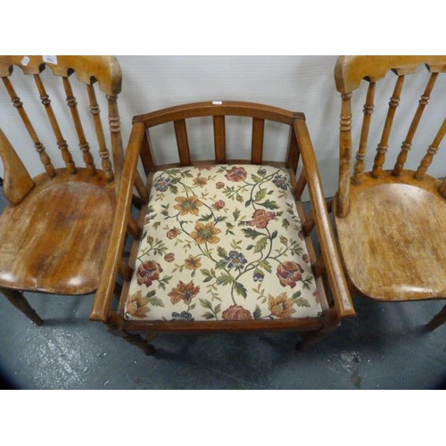 303 - Pair of antique farmhouse spindle-back chairs and another chair on X-form supports.  (3)