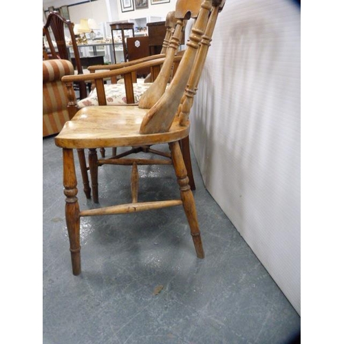 303 - Pair of antique farmhouse spindle-back chairs and another chair on X-form supports.  (3)