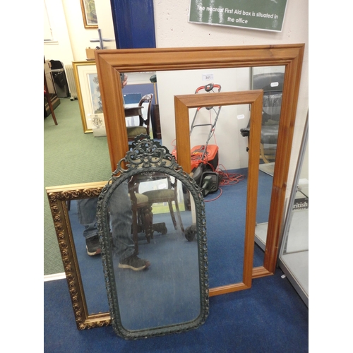 341 - Two modern pine framed wall mirrors, gilt framed wall mirror and an ornate framed wall mirror. ... 