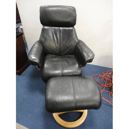 342 - Contemporary black leather reclining armchair with matching stool.  (2)