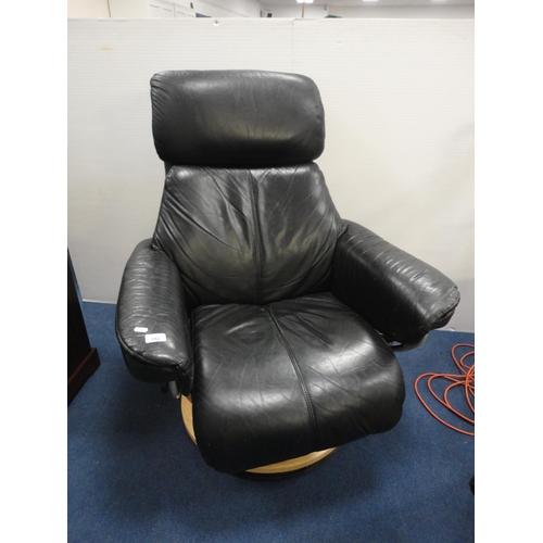 342 - Contemporary black leather reclining armchair with matching stool.  (2)