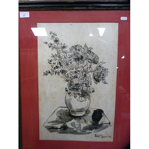 37 - Berger (Continental)Still life of flowers in a vaseInk drawingSigned and dated 1955, an abstract pic... 