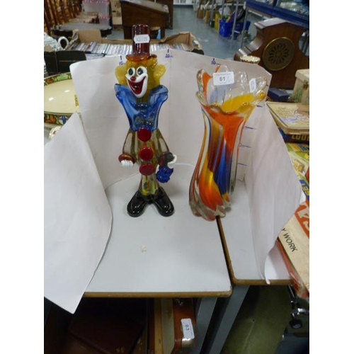 61 - Murano-style glass clown figure and a Murano-style vase.  (2)