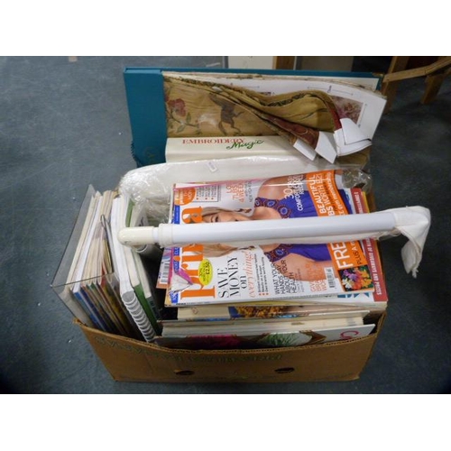 68 - Carton containing fabric samples, books of knitting patterns and associated magazines.