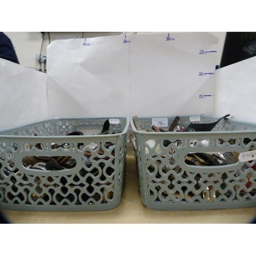 78 - Two tubs containing automatic and manual wind watch movements, cases, parts, straps etc.