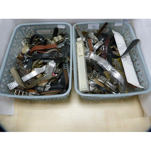 78 - Two tubs containing automatic and manual wind watch movements, cases, parts, straps etc.