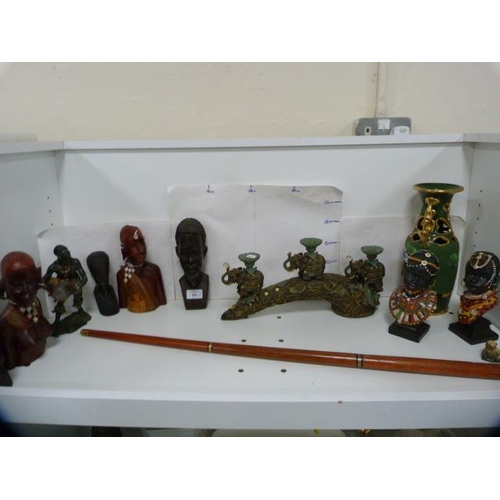 94 - African-style hardwood busts, walking stick, Capodimonte-style vase and an Indian-style candle sconc... 