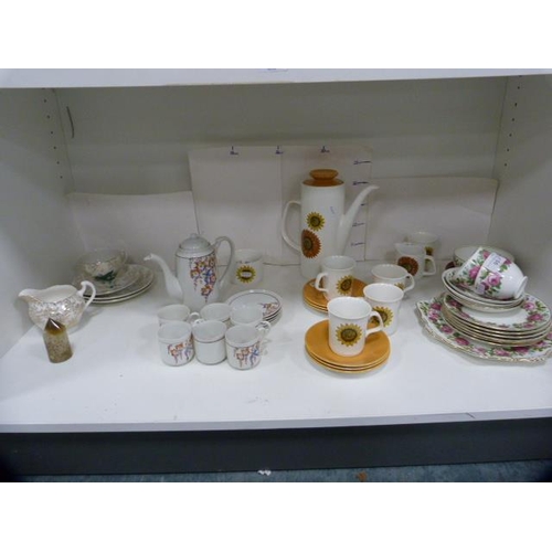 95 - Studio pottery part coffee set, Paragon part tea set etc (one shelf).