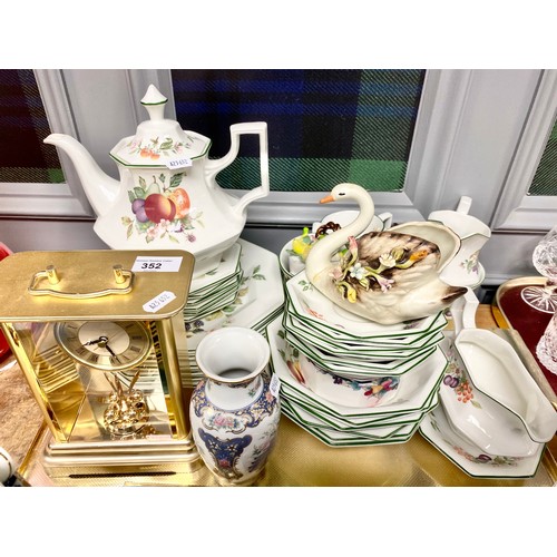 352 - Capodimonte swan figure, assorted teaware and dinnerware, mantel clock, etc