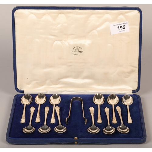 195 - Twelve Mappin and Webb silver tea spoons and tongs in Mappin and Webb case