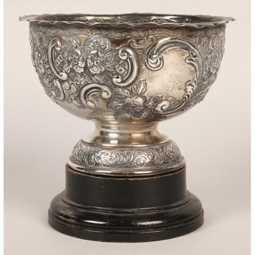 202 - Silver footed Rose bowl on wooden plinth,  17 cm diameter, London 1900