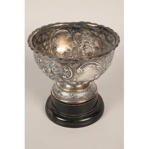 202 - Silver footed Rose bowl on wooden plinth,  17 cm diameter, London 1900