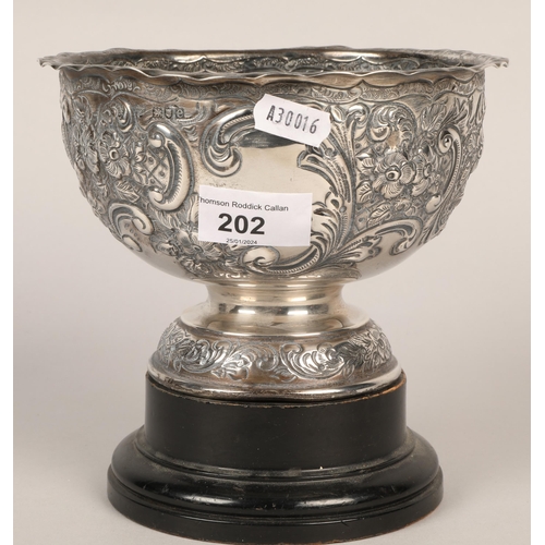 202 - Silver footed Rose bowl on wooden plinth,  17 cm diameter, London 1900