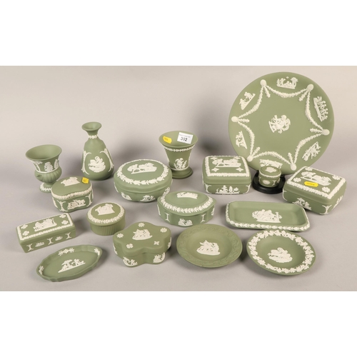 302 - Large quantity of green and white Wedgwood Jasperware to include plate, trinket boxes, miniature vas... 