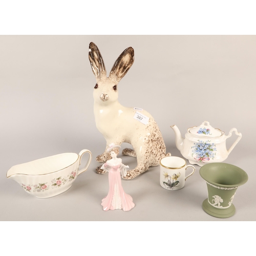 307 - Coalport lady figurine 'Lady Evelyn', porcelain rabbit figure, Wedgwood Jasperware, etc