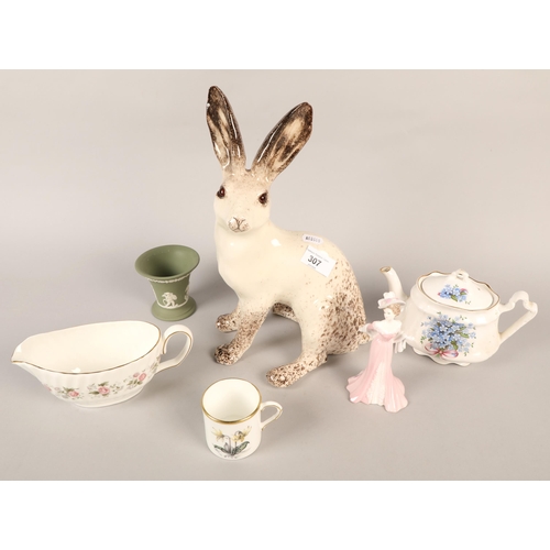 307 - Coalport lady figurine 'Lady Evelyn', porcelain rabbit figure, Wedgwood Jasperware, etc