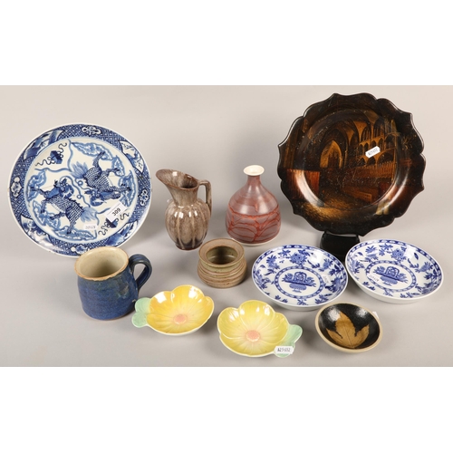 309 - Lustreware vase, blue and white decorative plates, etc