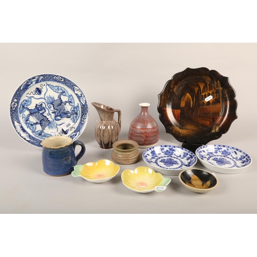 309 - Lustreware vase, blue and white decorative plates, etc