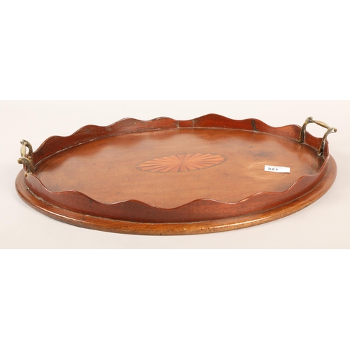 321 - Twin-handled Victorian mahogany tray with scalloped edging and marquetry centre