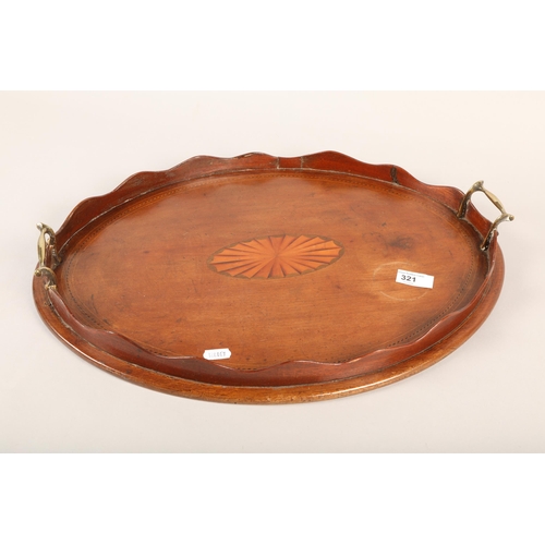 321 - Twin-handled Victorian mahogany tray with scalloped edging and marquetry centre